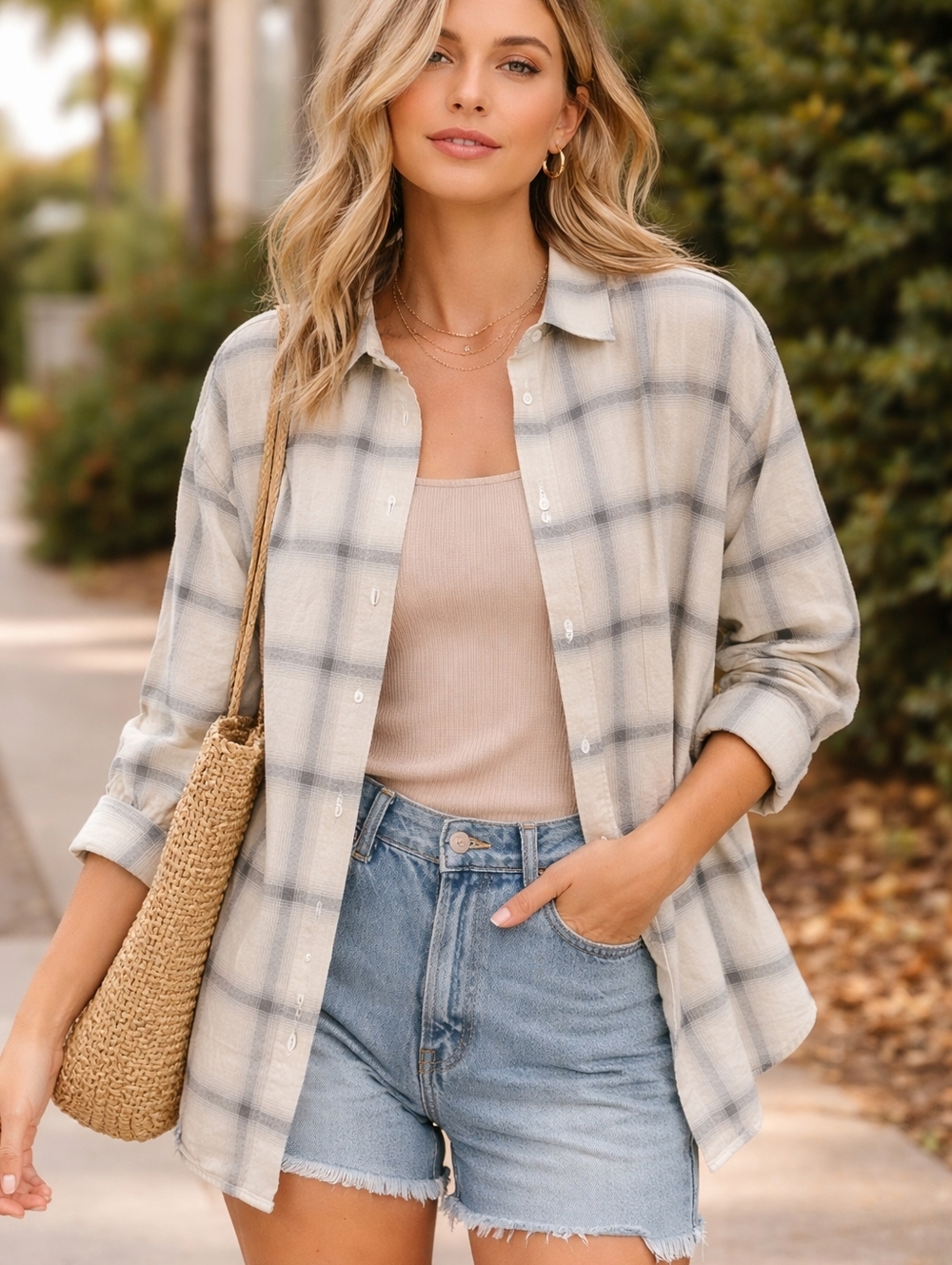 Not Monday Plaid Button Down Shirt Size Large 100% Cotton Neutral Oversized